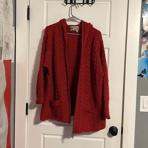 Aran Crafts 100% Irish Merino Wool Red Knit Zip-Up Cardigan w Pockets! 🐑
